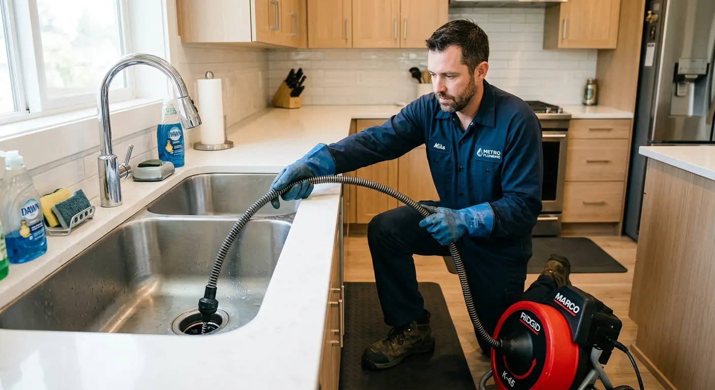 Drain cleaning technician using a motorized snake on a kitchen sink in Rincon Valley