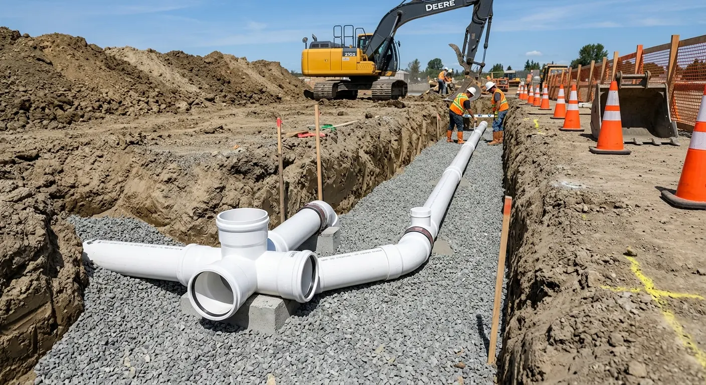 New PVC sewer pipe installation in open trench for Grease Trap Cleaning in Rincon Valley