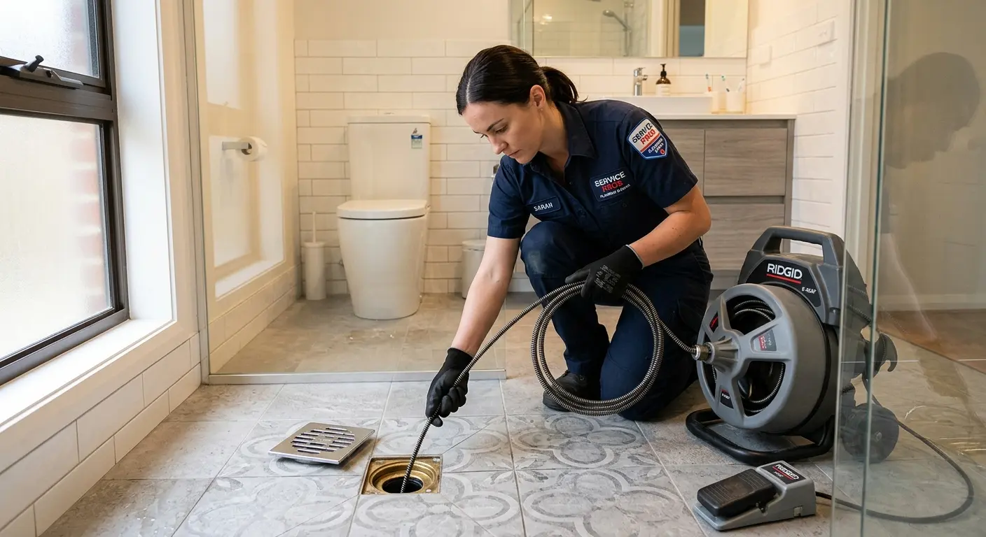 Technician clearing a bathroom floor drain for Sewer Line Replacement in Rincon Valley